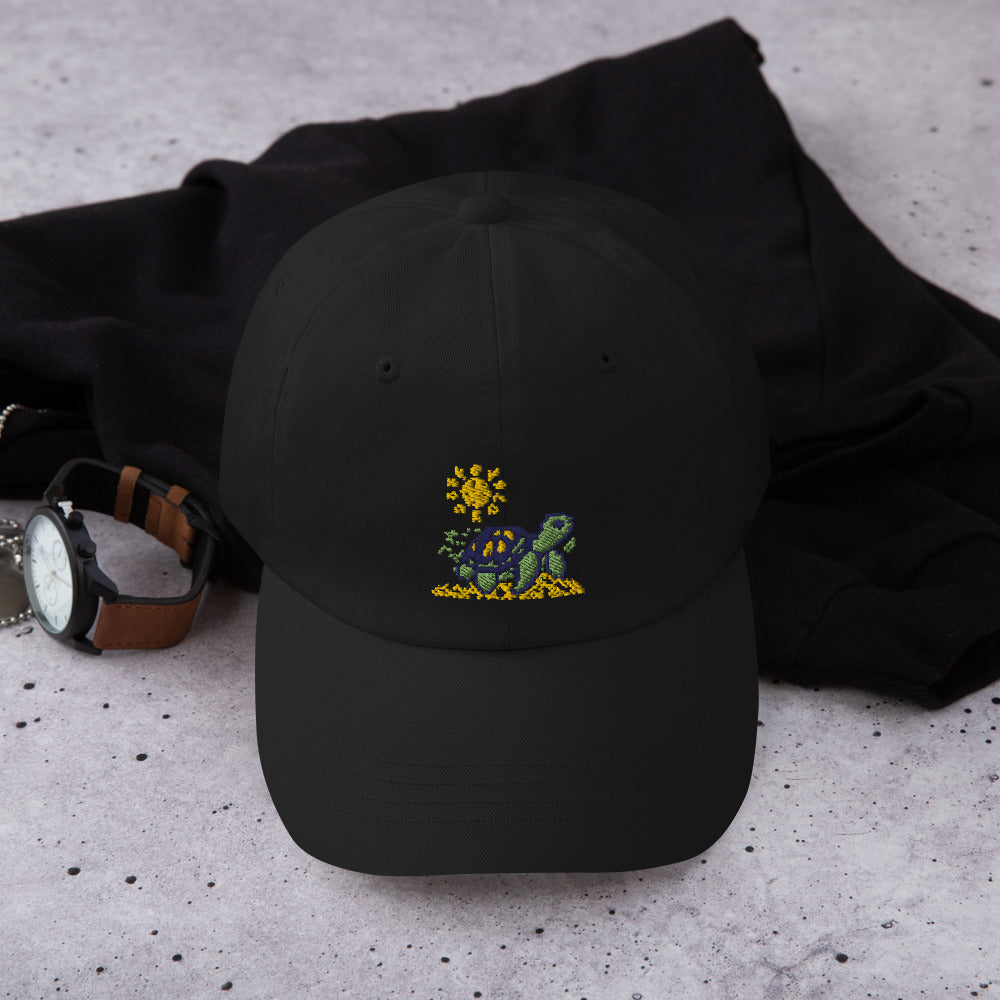 White hat with Turtle in a beach
